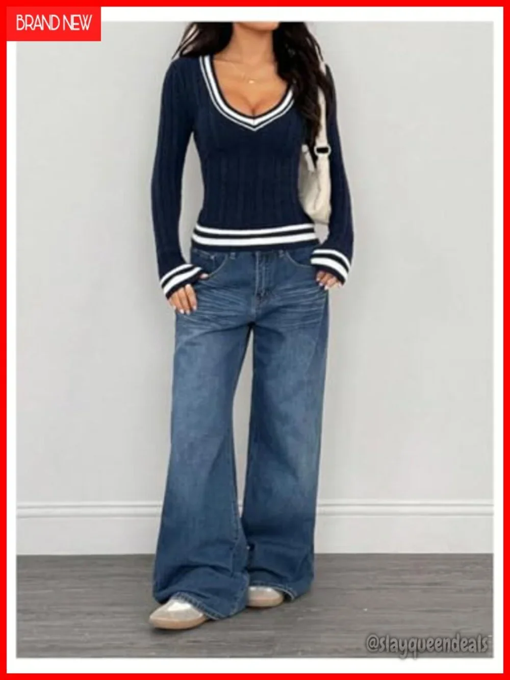 Striped V Neck Cable Knit Long Sleeve Pullover Sweater